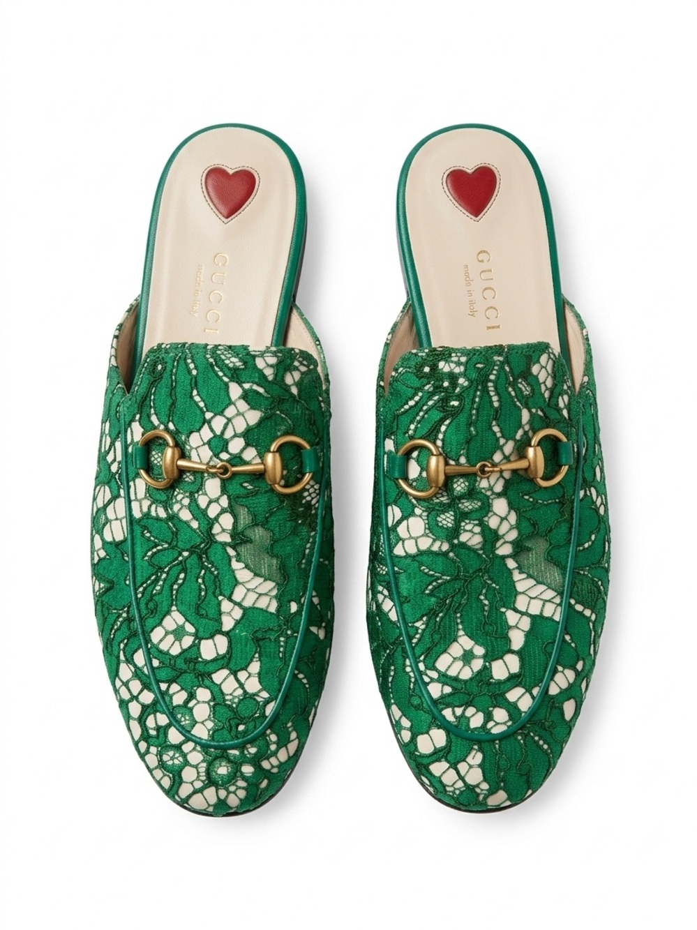 Gucci Princetown Green Lace Horsebit Slip-On Mules with Cream Underlay